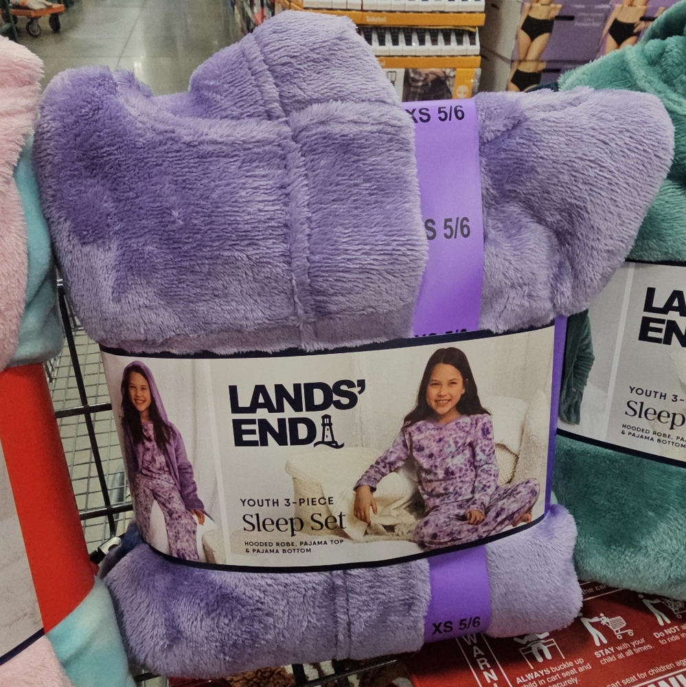 Lands' End Youth' 3 Piece Pajama Set.Hooded Robe,Pajama Top/Bottom. Color Purple